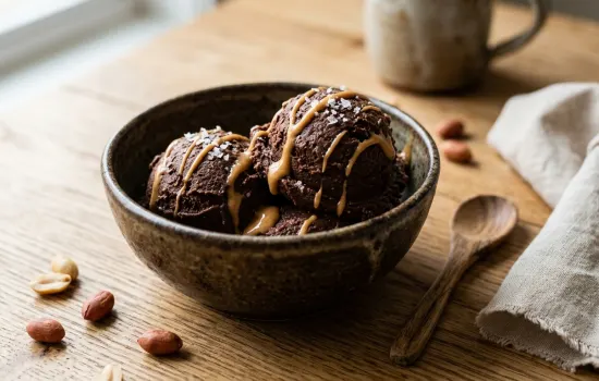 Peanut butter chocolate fudge nice cream in a rustic bowl with peanut butter drizzle and flaky salt
