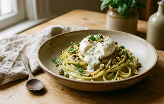 Creamy pistachio mascarpone linguine topped with torn burrata and fresh basil in a rustic bowl