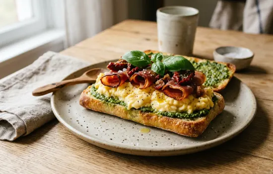 Crispy prosciutto and soft scrambled egg ciabatta with pesto and sun-dried tomatoes on rustic ceramic plate