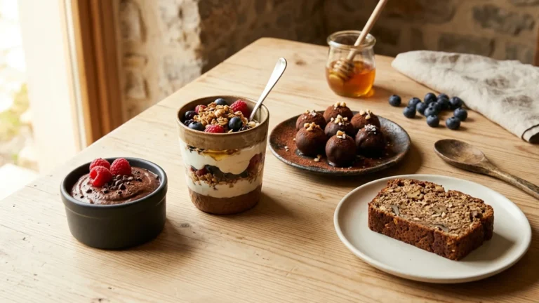 A warm table spread of healthy protein desserts including chocolate mousse, yogurt parfait, and protein balls