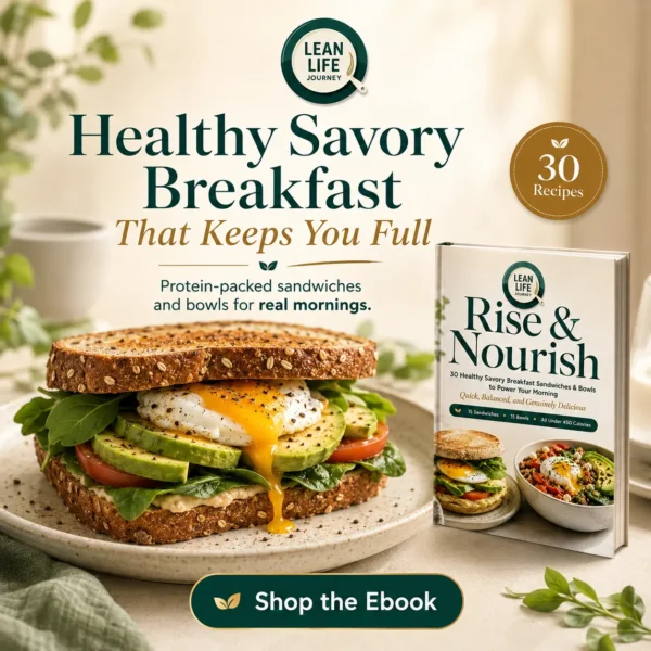 Protein-Packed Healthy Savory Breakfast Sandwich Protein-packed savory breakfast sandwich with egg, avocado, and greens beside the Rise & Nourish ebook