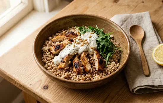 Roasted chicken thigh grain bowl with garlic yogurt, pine nuts, and rocket leaves in a rustic ceramic bowl