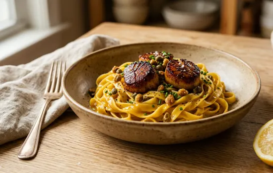 Saffron cream tagliatelle topped with golden seared scallops and crispy capers in a rustic bowl