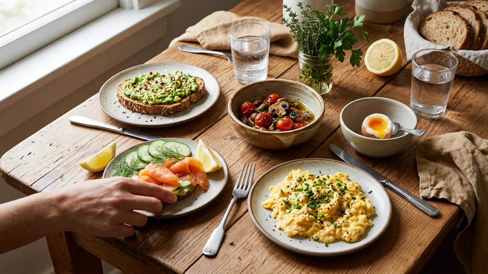 A warm table spread of savory breakfast dishes including eggs, avocado toast, and roasted vegetables on rustic ceramics
