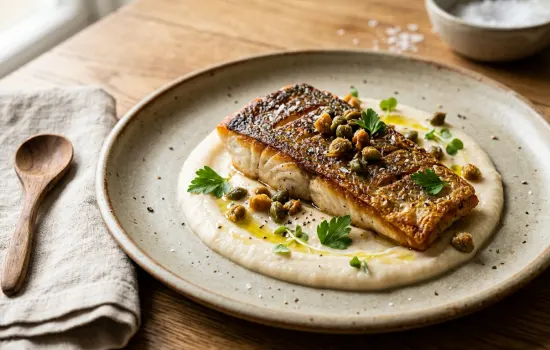 Pan seared sea bass fillet on white bean puree with crispy capers and fresh parsley
