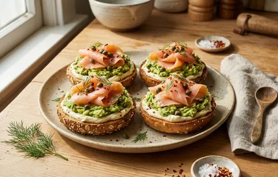 Smoked salmon and avocado mini whole grain bagels with capers and fresh dill on warm wood table