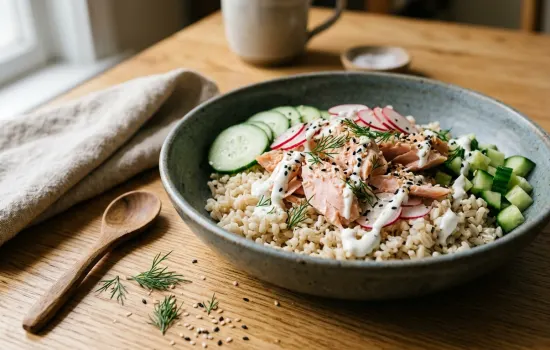 Smoked trout and cucumber rice bowl with wasabi crème fraîche and fresh dill