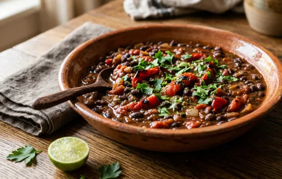 Smoky black bean and roasted red pepper stew in a rustic ceramic bowl with fresh parsley