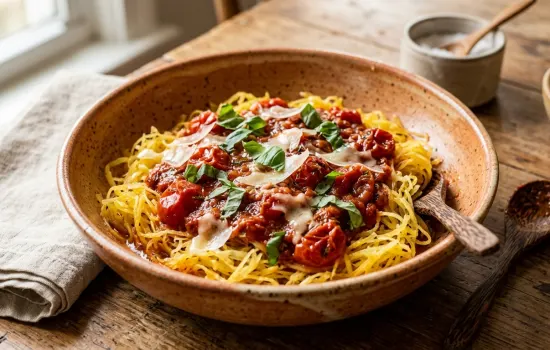 Spaghetti squash strands topped with roasted tomato sauce, fresh basil, and shaved parmesan in a rustic bowl
