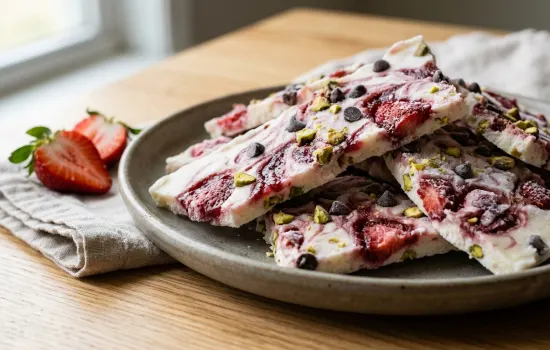 Roasted strawberry frozen yogurt bark broken into shards with dark chocolate and pistachios