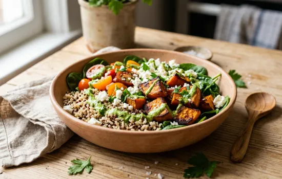 Roasted sweet potato and feta grain bowl drizzled with bright green herb tahini dressing