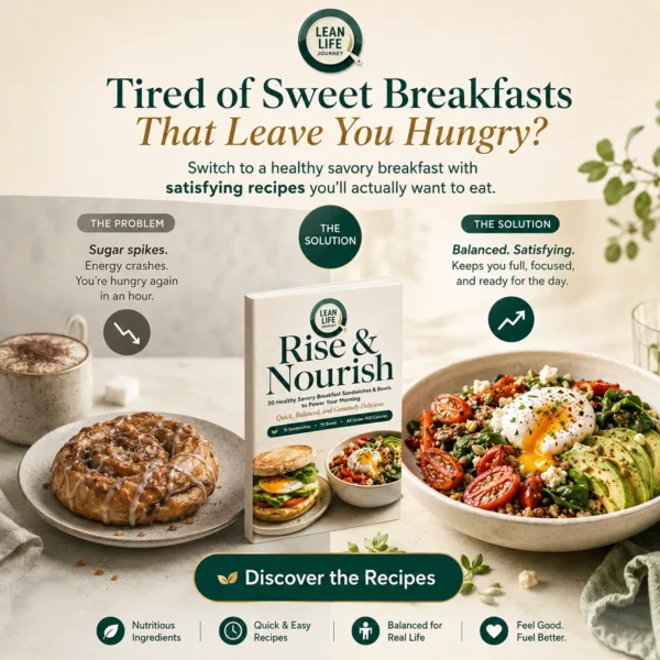 Sweet vs Savory Breakfast Comparison A sugary pastry next to a balanced healthy savory breakfast bowl from the Rise & Nourish ebook