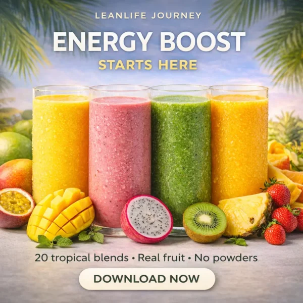 Tropical smoothie recipes for energy — four vibrant blends, mango, guava, kiwi and pineapple, LeanLife Journey