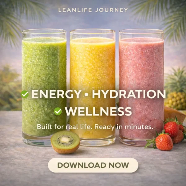 Tropical smoothie recipes for energy, hydration and wellness — three glasses, green, golden and pink, LeanLife Journey
