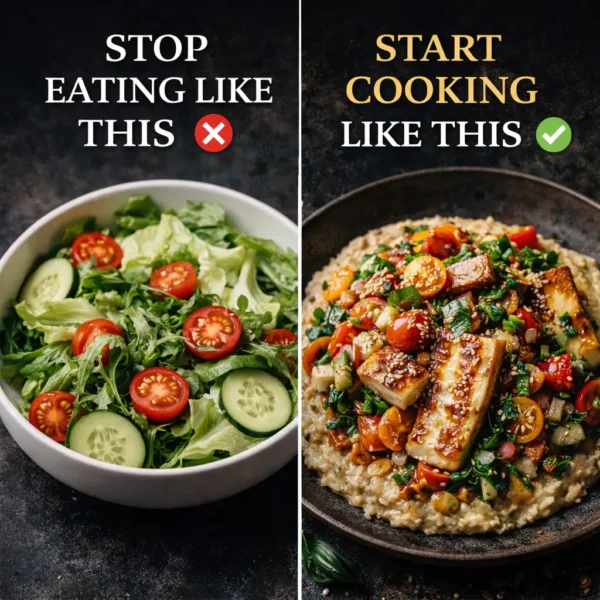 upgrade vegetarian recipes gourmet dishes Comparison of basic salad and gourmet vegetarian recipes showing upgrade to premium plant-based cooking