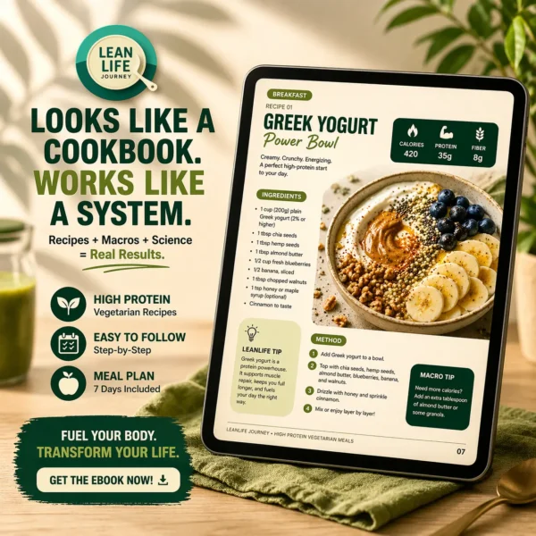 High protein vegetarian meals displayed on tablet with recipe, macros and meal plan guide