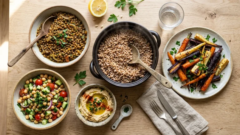 A warm table spread of five vegetarian meal prep dishes including grain bowls, roasted vegetables, and lentils