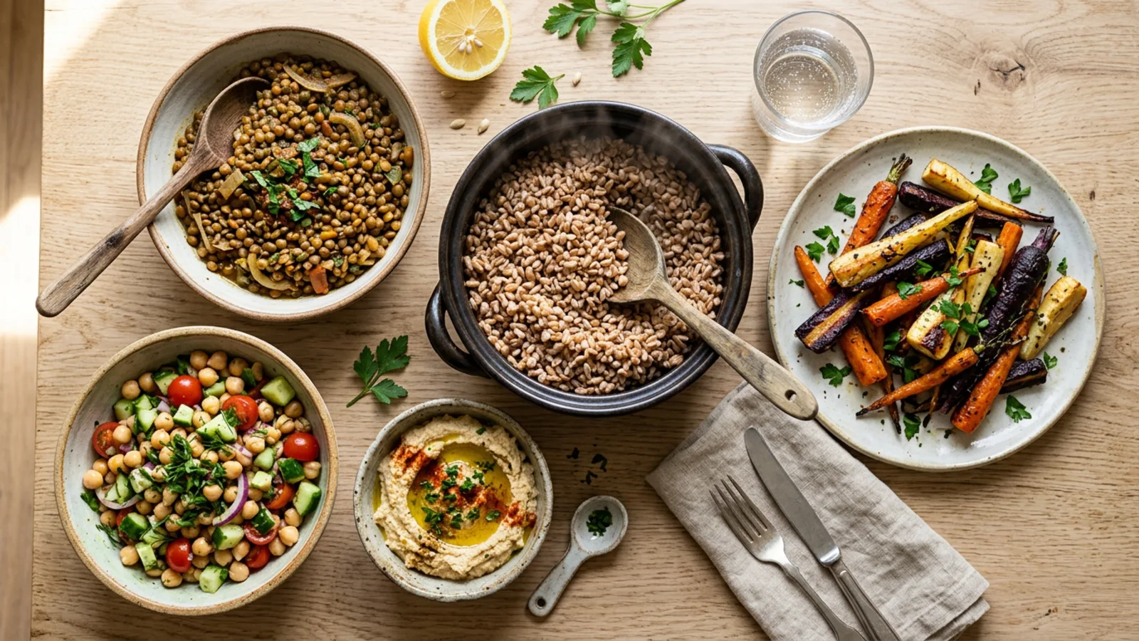 A warm table spread of five vegetarian meal prep dishes including grain bowls, roasted vegetables, and lentils