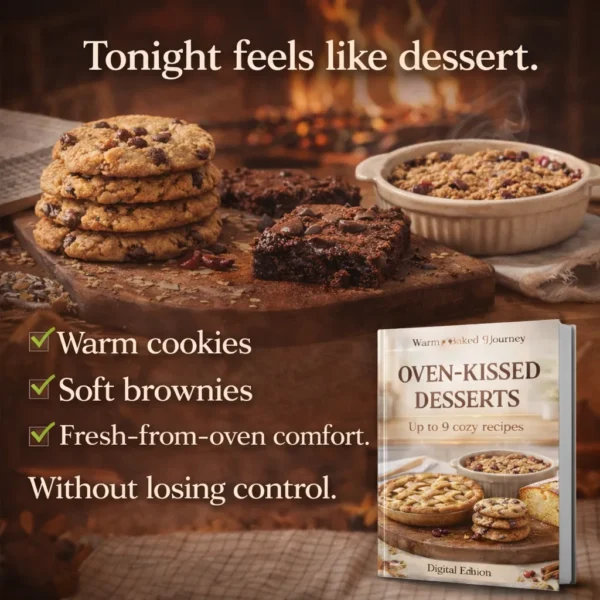 Warm baked dessert recipes with chocolate chip cookies, brownies and berry crisp beside a fireplace