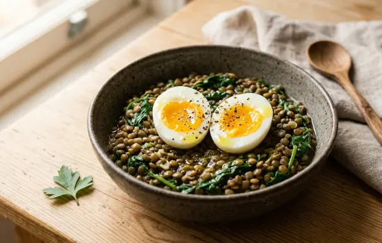 Warm lentil bowl with soft-boiled egg halves and wilted spinach in rustic ceramic