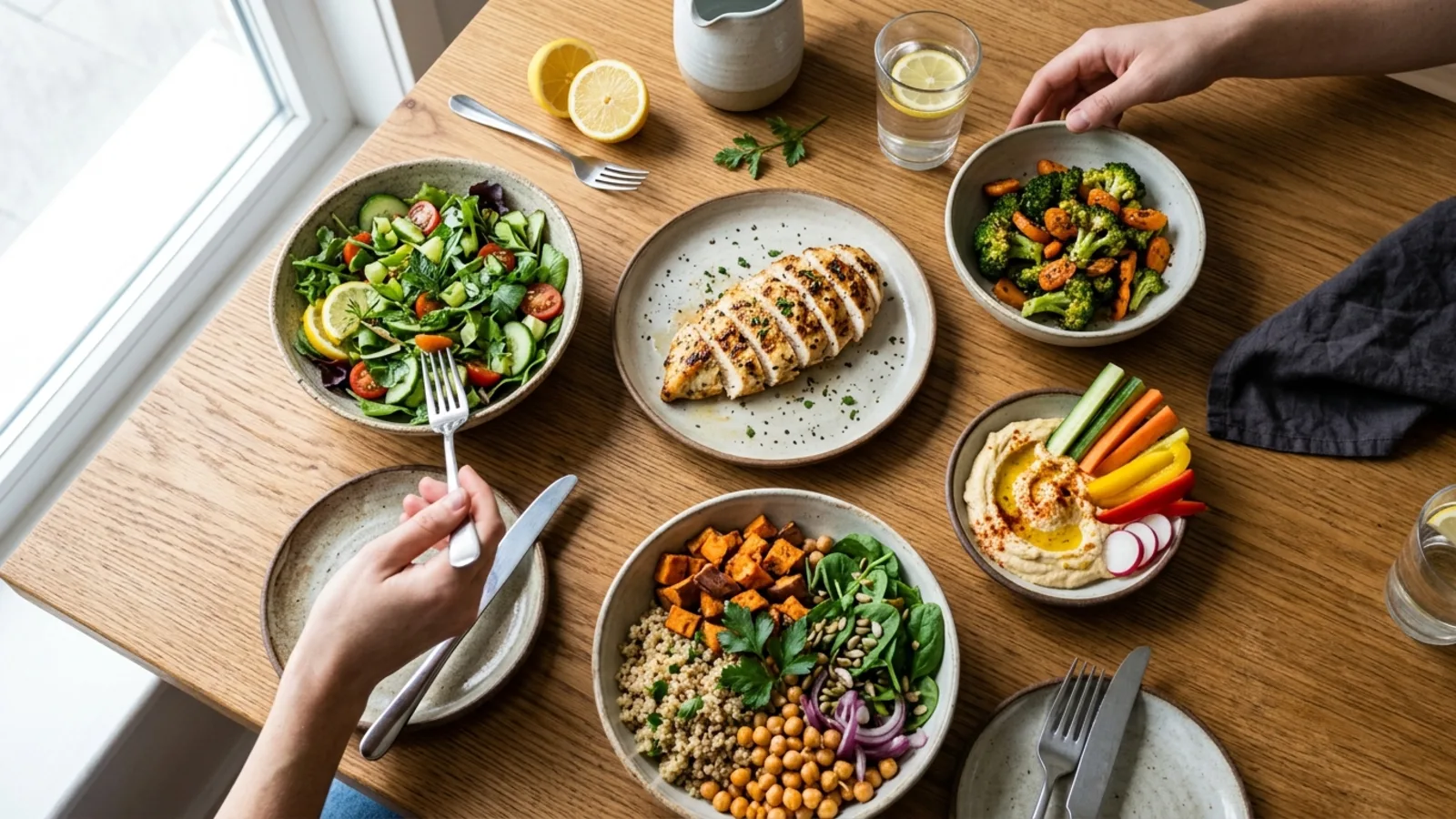 Grilled chicken, grain bowl, roasted vegetables, salad, and hummus on a warm wood table for weight loss meals