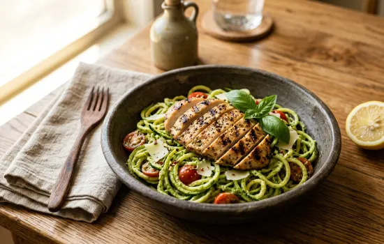 Zucchini noodles tossed in creamy avocado pesto topped with sliced grilled chicken in a rustic bowl